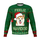 -Funny all-over-print unisex sweatshirt made of soft and comfortable cotton/polyester/spandex blend with brushed fleece interior. Each panel is individually printed, cut and sewn to ensure a flawless graphic that won't crack or peel. Mens womens Christmas feliz navidad doge shiba inu dog xmas humor puppy pullover jumper-