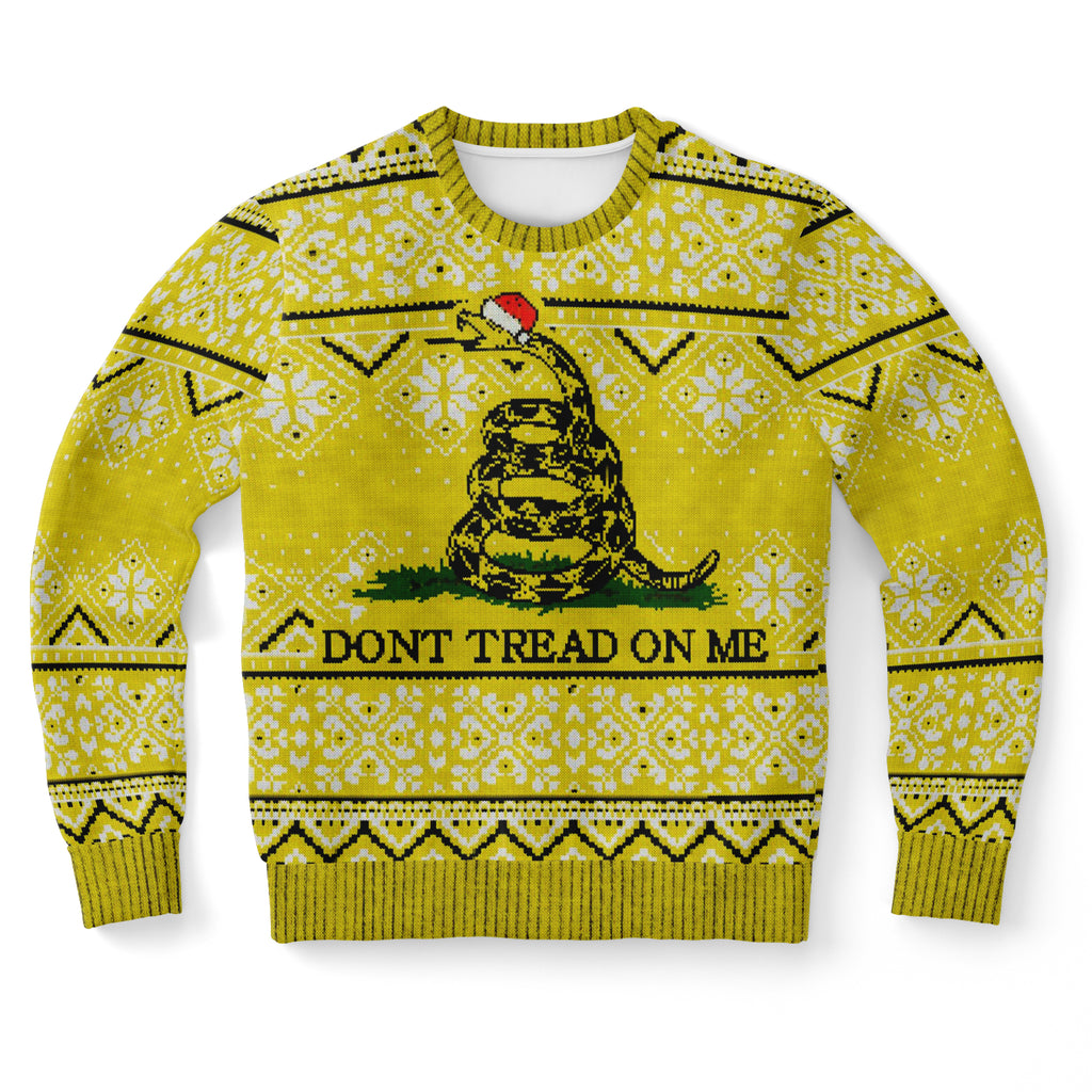 -Funny all-over-print unisex sweatshirt made of soft and comfortable cotton/polyester/spandex blend with brushed fleece interior. Each panel is individually printed, cut and sewn to ensure a flawless graphic that won't crack or peel. Mens womens Christmas pullover jumper ugly sweater print memes gadsden snake flag. -XS-