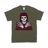 Crmson Ghost Graphic Tee, Classic Horror Icon, Small to 5X, Low Prices-100% cotton Gildan fine jersey fitted unisex tee. 3-5 days from USA. 
Crimson Ghost classic serial horror film icon. Skeleton with hooded skull, crossed skeletal hands. This skull faced fiend is the perfect grim reaper for punk rock pirates and misfits though few today would desire a post Cyclotrode X world. Haloween-Military Green-Small (S)-
