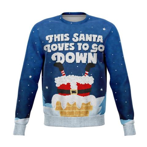 This Santa Loves To Go Down Sweatshirt - Funny Christmas Ugly Sweater-Funny all-over-printed unisex cotton/poly blend sweatshirt. The brushed fleece on the inside will make this your most comfy sweatshirt ever! Each panel is individually printed, cut and sewn to ensure a flawless graphic with no imperfections. • 20% cotton, 75% polyester, 5% spandex • Soft cotton handfeel fabric surface • Brushed fleece fabric on the inside • High definition printing colours • Design will never peel, flake or crack Free Shi