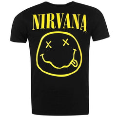 NIRVANA Classic Smiley Graphic Tee, Officially Licensed, UK Import-Officially licensed, classic 90s Nirvana 'Smiley' graphic tee. Mens / unisex style shirt made of soft 100% pre-shrunk cotton with crew neck, short sleeves and high quality screenprinted design. Genuine Nirvana apparel. Imported from the UK. Retro vintage 1990s nineties grunge rock band merch Kurt Cobain Dave Grohl.-Black-Small-