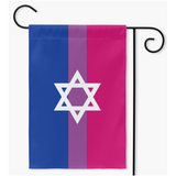 -100% poly poplin-canvas fabric, wash on gentle, hang to dry.12x18" , 18x27" or 24x36" - single or double sided. Flag hanger / stand not included.Made in and shipped from the USA.

Bisexual LGBTQ LGBTQIA LGBTQX Bi Sexual Jew Love is Love Garden Flag Rights Equality Magan Star of David Intersectional Pride Banner-Double-18.325x27 inch-