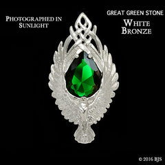 Lord of the Rings ELESSAR Brooch, Sterling Silver or White Bronze, USA-The Elessar, also known as the Stone of Eärendil, is a silver eagle brooch set with a great green stone given to Aragorn by Galadriel as the fellowship departed Lothlórien in JRR Tolkien's The Fellowship of the Ring. This officially licensed replica is individually handcrafted in fine white bronze or sterling silver. -White Bronze-Great Green Stone-