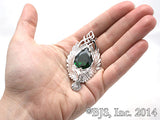 -Pendant necklace version of The Elessar, a silver eagle brooch set with a great green stone given to Aragorn by Galadriel as the fellowship departed Lothlórien in JRR Tolkien's The Fellowship of the Ring. Officially licensed Middle Earth replica jewelry. Handcrafted in the USA of fine white bronze or sterling silver. -