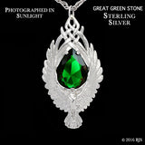 -Pendant necklace version of The Elessar, a silver eagle brooch set with a great green stone given to Aragorn by Galadriel as the fellowship departed Lothlórien in JRR Tolkien's The Fellowship of the Ring. Officially licensed Middle Earth replica jewelry. Handcrafted in the USA of fine white bronze or sterling silver. -Sterling Silver-Great Green Stone-24in Stainless Steel Rope Chain-