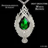 -Pendant necklace version of The Elessar, a silver eagle brooch set with a great green stone given to Aragorn by Galadriel as the fellowship departed Lothlórien in JRR Tolkien's The Fellowship of the Ring. Officially licensed Middle Earth replica jewelry. Handcrafted in the USA of fine white bronze or sterling silver. -White Bronze-Great Green Stone-24in Stainless Steel Rope Chain-