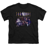 FARSCAPE Official Flarescape Cast Photo Tee, Kids and Youth Sizes-Soft and comfortable standard fit unisex tee with crew neck and short sleeves. High quality, professionally printed 'flarescape' photo of the primary Farscape cast..Genuine, officially licensed Farscape kids and youth apparel. Classic Australian American Henson Science Fiction TV Series Muppet Aliens syfy scifi retro-Black-LG-