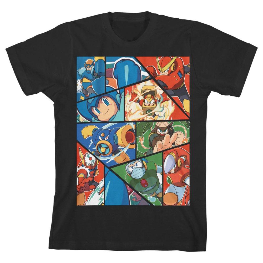MEGA MAN Youth Cartoon Panel Tee, Officially Licensed Capcom Kids-High quality youth graphic tee made of soft 100% cotton. Large, bright and bold printed panel featuring Mega Man and a cast of enemies... Air Man, Bubble Man, Burst Man, Crash Man, Flash Man, Heat Man, Metal Man, Quick Man, Wood Man. Officially licensed Capcom kids apparel. Ships from USA. Classic Nintendo NES Game-BLACK-XS-693186670404