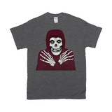 Crmson Ghost Graphic Tee, Classic Horror Icon, Small to 5X, Low Prices-100% cotton Gildan fine jersey fitted unisex tee. 3-5 days from USA. 
Crimson Ghost classic serial horror film icon. Skeleton with hooded skull, crossed skeletal hands. This skull faced fiend is the perfect grim reaper for punk rock pirates and misfits though few today would desire a post Cyclotrode X world. Haloween-Dark Heather Grey-Small (S)-