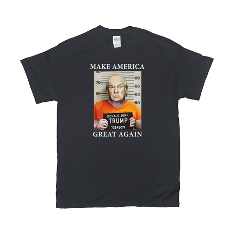 MAGA Mugshot Tee - Make America Great Again... Lock Him Up!-Soft 100% cotton Gildan fitted unisex graphic t-shirt. Made-to-order & shipped from the USA.
Trump for Prison, Criminal fascist treason January 6th 2021 capitol riot incitement sedition, insurrection, corrupt complicit GOP, pandemic politics Save Democracy VOTE Anti-Trump political protest tee -Black-Small (S)-