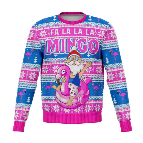 Fa-La-La-La-Mingo! Florida Santa Sweatshirt, AOP Christmas Jumper-Funny all-over-print unisex sweatshirt made of soft, comfortable cotton/polyester/spandex blend with brushed fleece interior. Each panel is individually printed, cut & sewn for a flawless graphic that won't crack or peel. Mens womens pullover jumper ugly sweater pink flamingo bird joke novelty tropical xmas holiday.-XS-