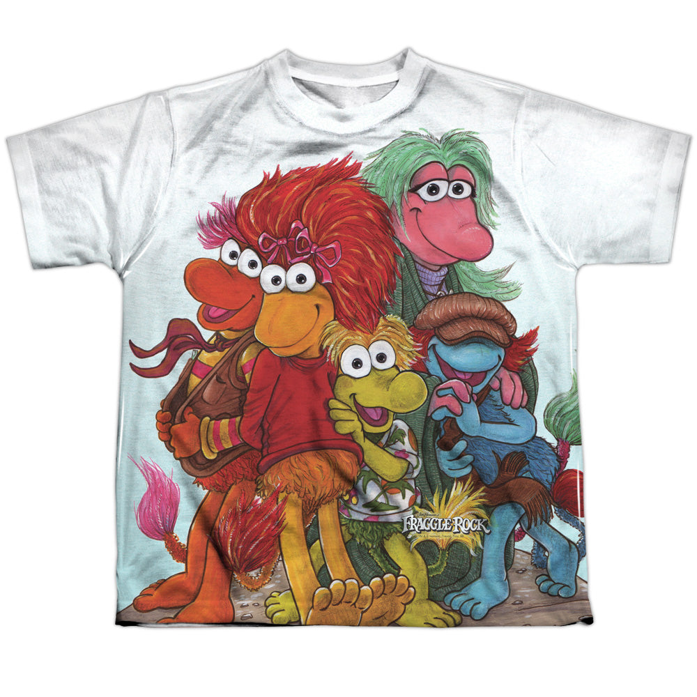 FRAGGLE ROCK Group Shot AOP Youth Tee, Officially Licensed Jim Henson-Fraggles group shot AOP youth tee. High quality, detailed, all-over-print (front and back) on soft and comfortable, polyester standard fit unisex youth t-shirt with crew neck and short sleeves. Genuine, officially licensed Jim Henson Fraggle Rock kids apparel. Ships from the USA. Retro vintage Muppets-