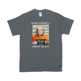 MAGA Mugshot Tee - Make America Great Again... Lock Him Up!-Soft 100% cotton Gildan fitted unisex graphic t-shirt. Made-to-order & shipped from the USA.
Trump for Prison, Criminal fascist treason January 6th 2021 capitol riot incitement sedition, insurrection, corrupt complicit GOP, pandemic politics Save Democracy VOTE Anti-Trump political protest tee -Charcoal-Small (S)-