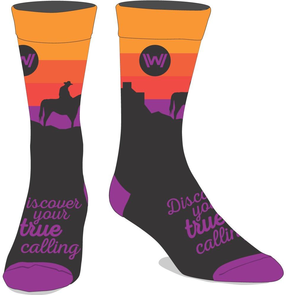 Westworld Sunset True Calling Casual Crew Socks, Officially Licensed -Discover Your True Calling. Live Without Limits beckons marketing text for Delos' Westworld park. indulgence disguised as freedom. The experience scripted to encourage humanity's basest desires/violent delights toward their own violent ends. Officially licensed Westworld socks with bold purple, orange & black sunset. -MULTI-OS-190371769276