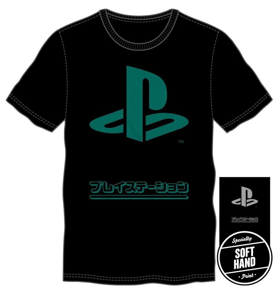 PLAYSTATION Teal Logo and Kanji Graphic Tee, Officially Licensed PSX-BLACK-S-