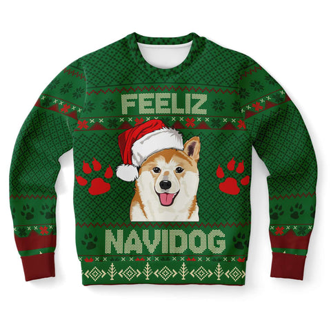 -Funny all-over-print unisex sweatshirt made of soft and comfortable cotton/polyester/spandex blend with brushed fleece interior. Each panel is individually printed, cut and sewn to ensure a flawless graphic that won't crack or peel. Mens womens Christmas feliz navidad doge shiba inu dog xmas humor puppy pullover jumper-XS-