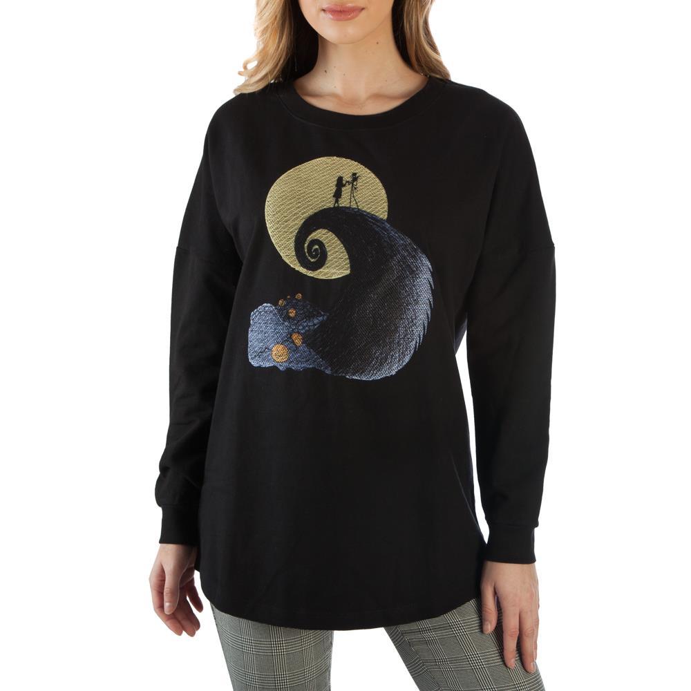 NIGHTMARE BEFORE CHRISTMAS Embroidered Hilltop Scene Shirt, Official-Black long-sleeve Nightmare Before Christmas women's shirt made of soft cotton with a digitally embroidered image of Jack and Sally on the front of the shirt. A unique piece and an outstanding gift for serious fans.Officially licensed Tim Burton's Nightmare Before Christmas apparel. Ships from USA. Halloween Nugoth-BLACK-M-