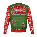 Funny MERRY FISHMAS Sweatshirt, Fishy Holiday Dad Joke Fisherman Gift-Funny Merry Fishmas Sweatshirt, Dad Joke Christmas Fishing Pun - Premium AOP (all over print) Ugly Sweater printed sweatshirt / jumper. Unisex adult XS, Small, Medium, Large, XL, 2XL, 3XL and 4XL. Made-to-order. Ships in 5-8 business days, about 2 weeks to the US. Great humorous fishy holiday apparel xmas gag gift. -