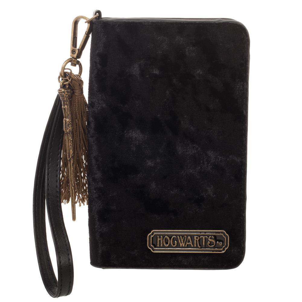 HARRY POTTER Crushed Velvet Hogwarts Folio Phone Case Wallet, Official-Black crushed velvet folio wallet with phone pocket, five card slots, a clear ID window, zippered change pocket and large currency pocket.. Decorated a Hogwarts embellishment on the lower left, wand charm and gold tassel on the zipper. Officially licensed Harry Potter Wizarding World accessory. Shipped from the USA.-Black-OS-