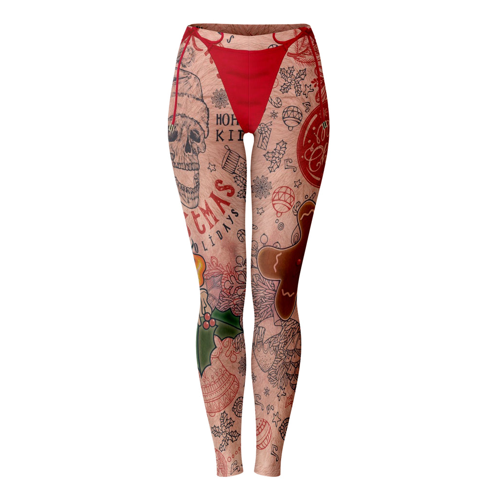 Christmas Fanatic Bikini Bottom and Tattooed Legs Holiday Leggings-Premium polyester and spandex blend four-way stretch costume / cosplay leggings. Squat-proof with elastic waistband and microfiber stitching. Free Shipping Worldwide. All-over-printed design with two legs covered in christmas holiday themed tattoos. Fun and funny, sexy xmas costume cosplay. Naughty santa dirty elf.-XS-