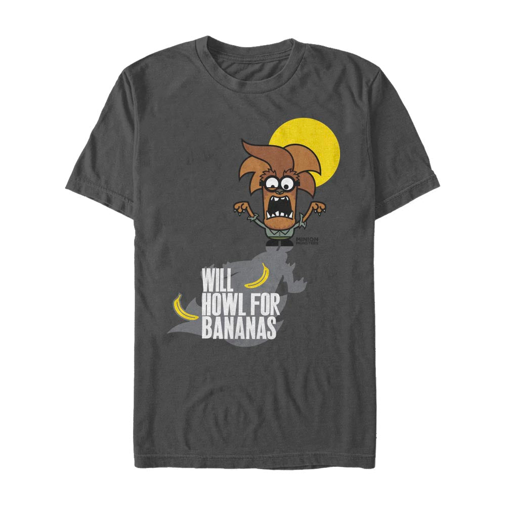 Minion Monsters Wolfman Will Howl For Bananas Tee, Officially Licensed-Wolfman Minion "Will Howl for Bananas" graphic tee from the brand new Minions Monsters line. Officially licensed Minions / Despicable Me apparel. This shirt typically ships in 2-3 business days from within the USA. Cute funny unisex spoopy halloween horror graphic t-shirt. -Charcoal-M-