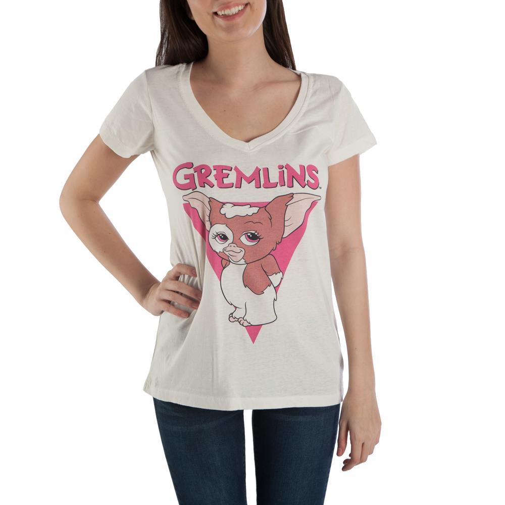 Gremlins Juniors Retro Vintage V-Neck Gizmo Tee, Offiiciay Licensed-White juniors tee with a v-neck, short sleeves, and a great distressed retro vintage 80s style Gizmo print. Made of soft 100% cotton.Officially licensed Gremlins apparel. This shirt typically ships in 2-3 business days from within the US. Cute 80s eighties horror comedy nostalgia-White-S-