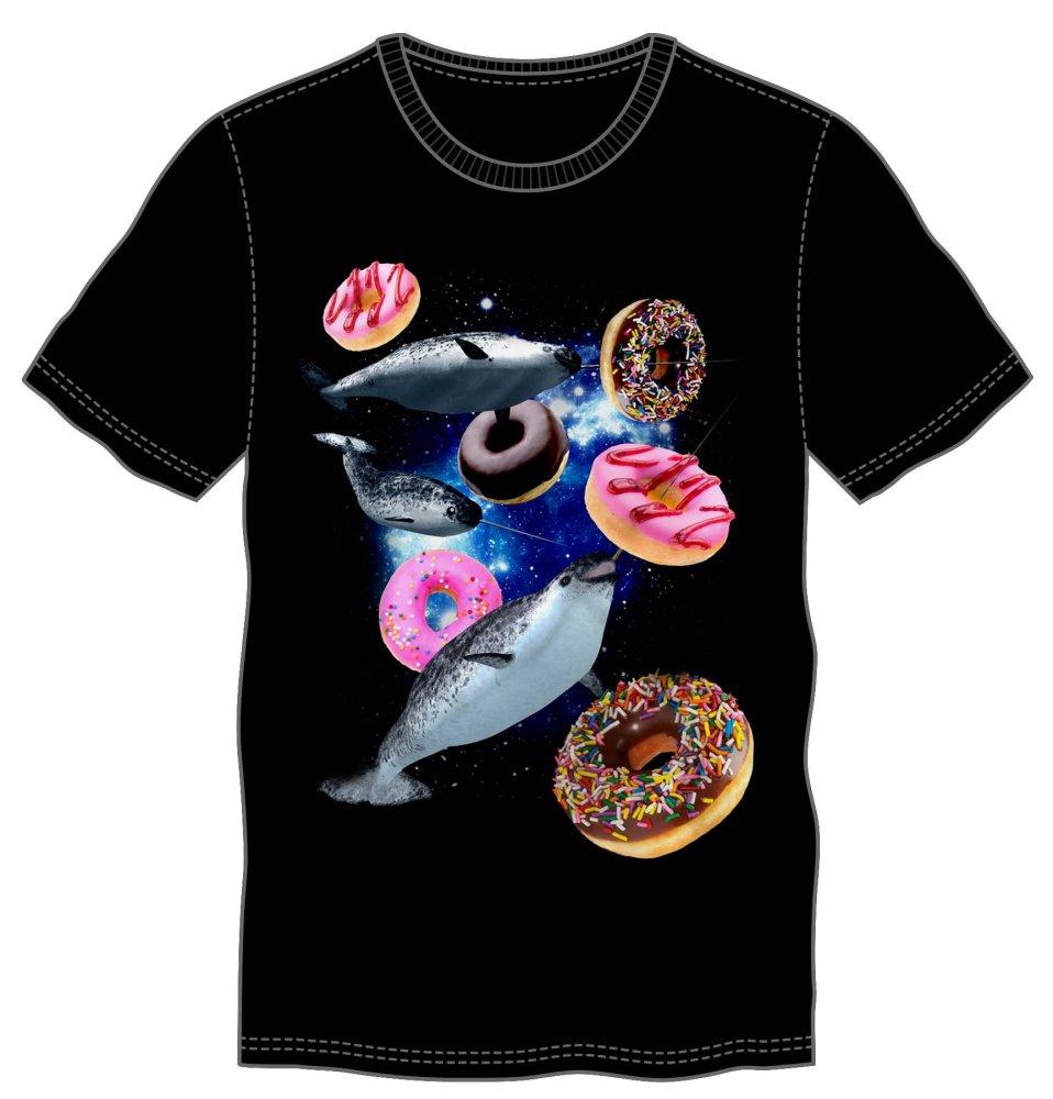 Narwhals & Donuts Space Shirt, Meme Galaxy Graphic Tee, Mens/Unisex-In a distant galaxy narwals roam freely as doughnut couriers. Mens/unisex style graphic tee made of 100% pre-shrunk soft spun cotton, for out of this world comfort. This shirt typically ships in 2-3 business days from within the USA. WTF Weird whales funny meme galaxy.-BLACK-S-