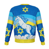MAGICAL JEWNICORN SWEATSHIRT Jewish Unicorn Ugly Holiday Sweater Print-Funny all-over-print unisex sweatshirt made of soft, comfortable cotton/polyester/spandex blend with brushed fleece interior. Each panel is individually printed, cut and sewn to ensure a flawless graphic that won't crack or peel. 

Mens womens hanukkah Chanukah pullover jumper ugly sweater print jewish jew pun holiday-