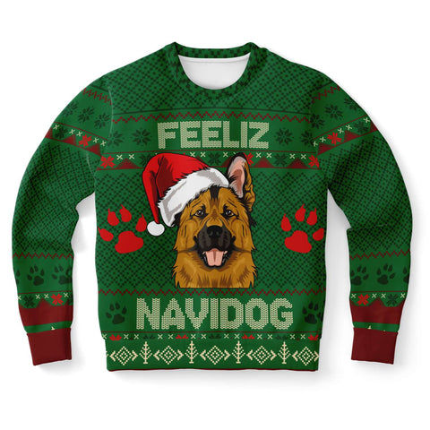 -Funny all-over-print unisex sweatshirt made of soft and comfortable cotton/polyester/spandex blend material with brushed fleece interior! Each panel is individually printed, cut and sewn to ensure a flawless graphic that won't crack or peel. 

Mens womens Christmas feliz navidad dog xmas humor puppy pullover jumper-XS-