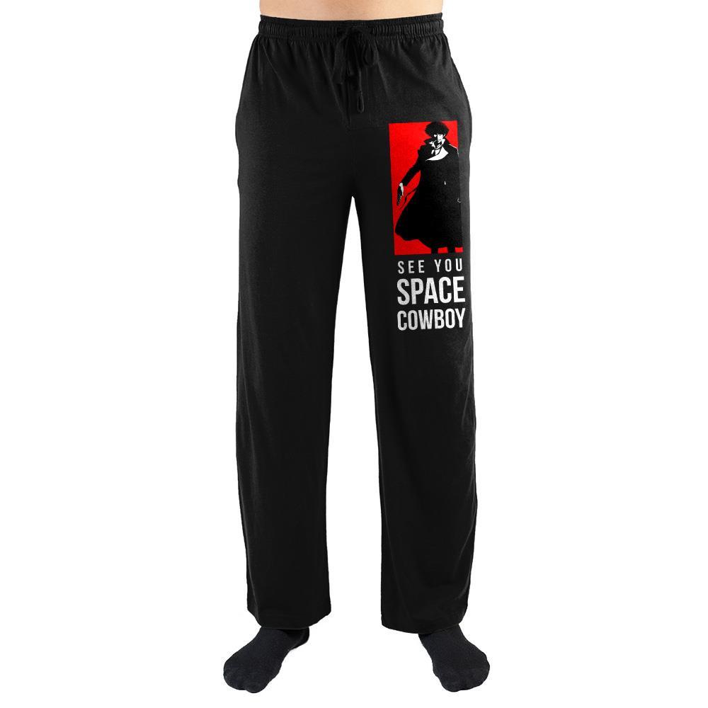 Cowboy Bebop Spike Seigel Lounge Pants, Officially Licensed Sweatpants-Stay warm in the coldness of space with these Cowboy Bebop anime sleep pants. Custom graphic print of Spike Spiege with the iconic end-credit slogan, “See You Space Cowboy”. Soft cotton-blend sweatpants with elastic waistband with drawstring.Officially licensed. Typically shipped in 2-3 business days from within the US.-BLACK-XS-