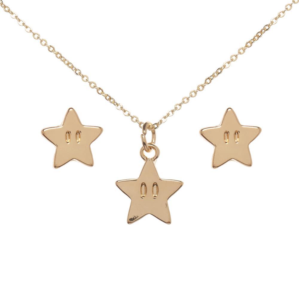 -Gold colored Super Mario matching star necklace and stud earrings. 16" chain with extension Genuine, officially Licensed Nintendo accessories. This product typically ships in 2-3 business days from within the USA.-Golden-OS-
