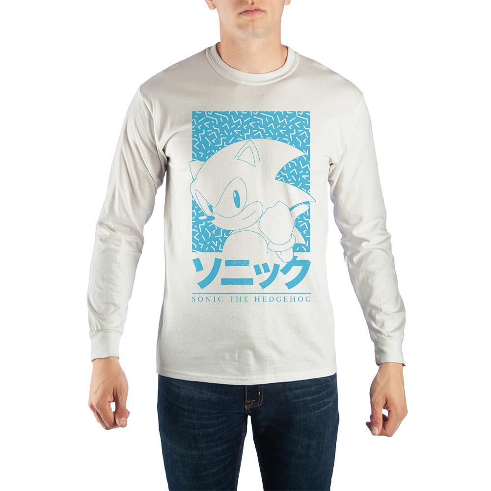 -Soft and comfortable white unisex longsleeve tee with high quality classic vintage style Sonic The Hedgehog graphics. A whiteout portrait against a bright, light blue Memphis style background with the kanji and English titles. Genuine SEGA Sonic The Hedgehog apparel. Ships from the USA. Retro 90s kids japanese nineties-WHITE-S-