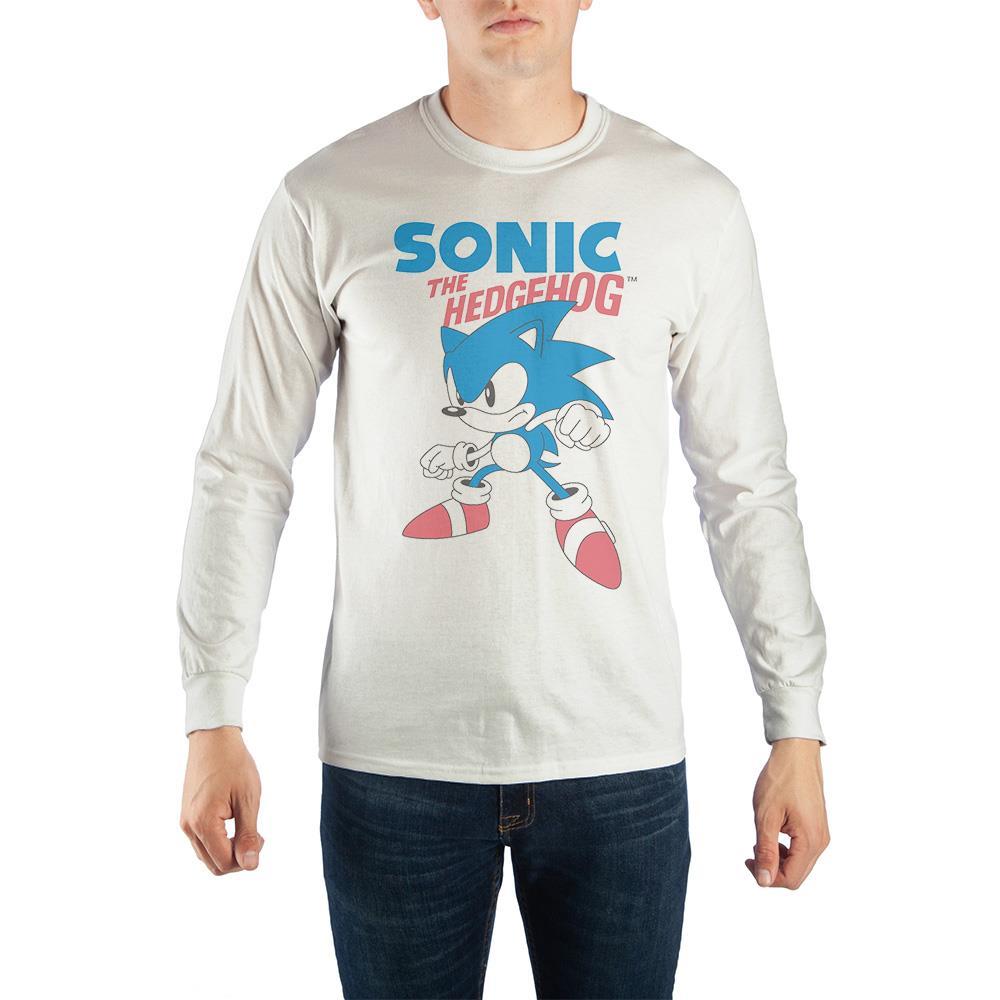 -Soft and comfortable white fitted unisex tee made of high quality cotton with a classic retro vintage 90s style print of a cartoon Sonic in bright blue and red. Genuine, officially licensed SEGA Sonic The Hedgehog apparel. Ships from the USA. Nineties Kids 1990s SEGA Genesis console wars flashback fashion graphic-WHITE-S-