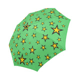 Retro Electric Wizard Star Pattern Umbrella, Compact Standard Anti-UV-High quality compact automatic umbrella with automatic open and close system. Sturdy and well constructed. Standard or heavy duty anti-UV versions. Waterproof polyester pongee with colorfast and fade resistant design. Brightly colored retro vintage 80s 90s eighties nineties neon fashion punk new wave alternative.-Electric Green-Standard-
