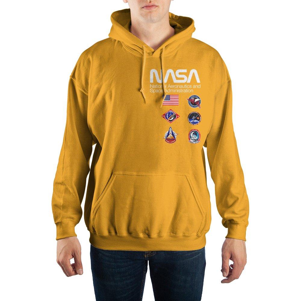 NASA Space Mission Insignias Hoodie, Officially Licensed USA-Celebrate the brave astronauts who have traveled to outer space with this official NASA hoodie. Mens/unisex golden sweatshirt with drawstring hood and large kangaroo pocket. The NASA logo, American flag and several prestigious mission insignias are printed on the front Officially licensed NASA apparel. USA Seller.-Gold-S-