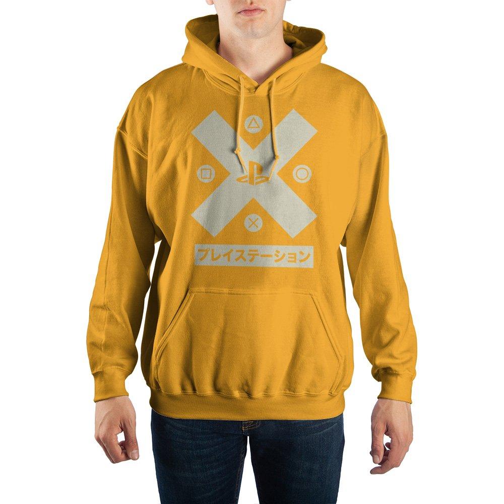 PLAYSTATION Retro PSX The X Factor Kanji Hoodie, Officially LIcensed-In the 90s even console controller layouts were iconic enough for marketing hype... the PSX abbreviation making light work of the Nineties love of all things X/Extreme. Golden unisex adult hooded sweatshirt with large lighter gray Playstation graphics, kanji, drawstring hood and pocket. Sony PS1 PS2 PS3 PS4 PS5 PS Vita-GOLD-S-