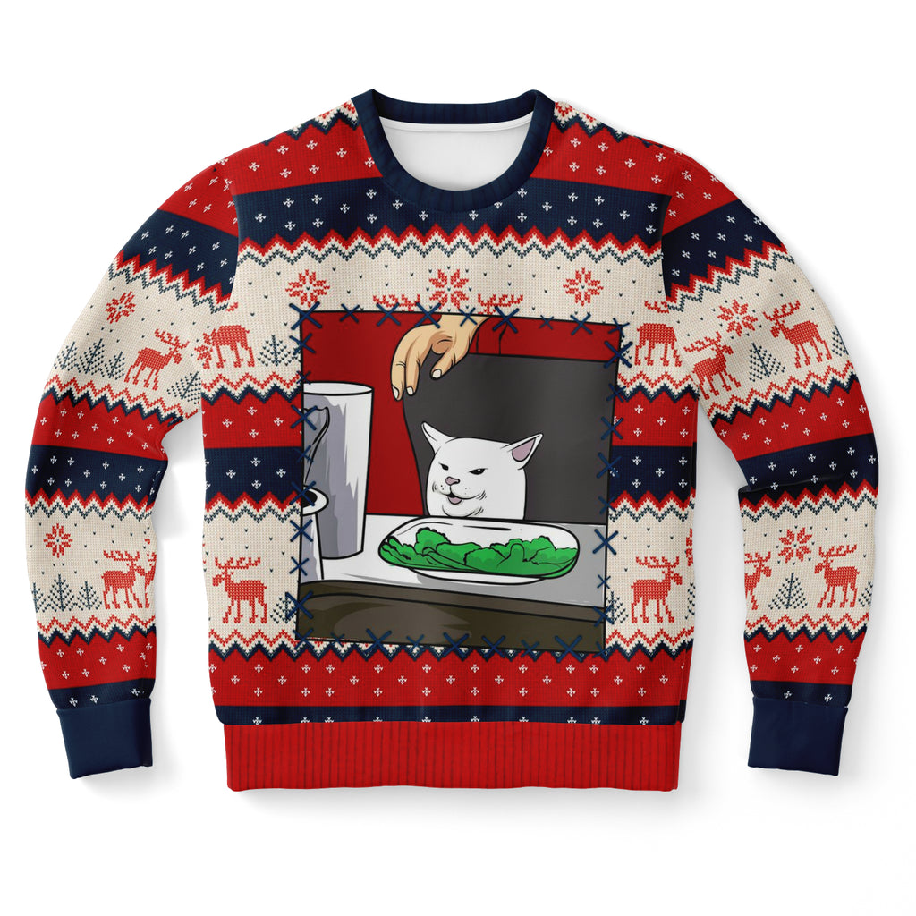-Funny all-over-print unisex sweatshirt made of soft and comfortable cotton/polyester/spandex blend with brushed fleece interior. Each panel is individually printed, cut and sewn to ensure a flawless graphic that won't crack or peel. 

Mens womens Christmas pullover jumper ugly sweater print memes couple matching joke. -XS-
