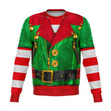 Biker Elf Costume Sweatshirt - Funny Christmas Holiday Jumper-Fun and festive all-over-print unisex sweatshirt features a soft and durable fabric that has a cotton feel to it. The brushed fleece on the inside will make this your most comfy sweatshirt ever! Each panel is individually printed, cut and sewn to ensure a flawless graphic with no imperfections. • 20% cotton, 75% polyester, 5% spandex • Soft cotton handfeel fabric surface • Brushed fleece fabric on the inside • High definition printing colours • D