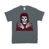 Crmson Ghost Graphic Tee, Classic Horror Icon, Small to 5X, Low Prices-100% cotton Gildan fine jersey fitted unisex tee. 3-5 days from USA. 
Crimson Ghost classic serial horror film icon. Skeleton with hooded skull, crossed skeletal hands. This skull faced fiend is the perfect grim reaper for punk rock pirates and misfits though few today would desire a post Cyclotrode X world. Haloween-Charcoal-Small (S)-
