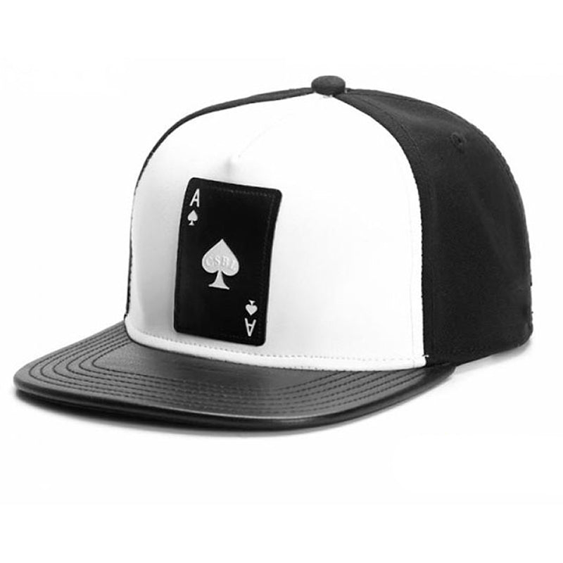 -Black cap with white front panel and embroidered black and white ace of spaces playing card with black embroidered spade symbol on the reverse. Snapback adjustment. One size fits most.Free shipping worldwide.

Aces spades baseball cap hiphop streetwear fashion asexual motorhead black and white.-