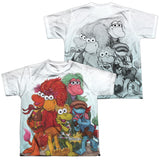 FRAGGLE ROCK Group Shot AOP Youth Tee, Officially Licensed Jim Henson-Fraggles group shot AOP youth tee. High quality, detailed, all-over-print (front and back) on soft and comfortable, polyester standard fit unisex youth t-shirt with crew neck and short sleeves. Genuine, officially licensed Jim Henson Fraggle Rock kids apparel. Ships from the USA. Retro vintage Muppets-Multi-SM-