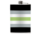 -Agender Pride Flask. Brand New 8oz stainless steel hip / pocket flask with easy closure screw cap lid with striped green, black and gray LGBTQ non-gender / genderless pride flag artwork on waterproof vinyl. Measures 5.5" tall and 3.75" wide and holds eight shots. Optional flask funnel or gift box with funnel & shot glasses-