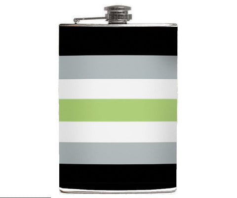 -Agender Pride Flask. Brand New 8oz stainless steel hip / pocket flask with easy closure screw cap lid with striped green, black and gray LGBTQ non-gender / genderless pride flag artwork on waterproof vinyl. Measures 5.5" tall and 3.75" wide and holds eight shots. Optional flask funnel or gift box with funnel & shot glasses-Just the Flask-725185480699