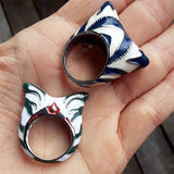 -High quality Ahsoka inspired enameled metal statement ring. Sizing is approximate.Free shipping from abroad with average delivery to the USA in about a month.
star rebel geek cosplay fashion jewelry ashoka cat ears raccoon striped alien galaxy wars mens womens space inexpensive boba fan gift-