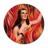 Anima Sola Pinback Buttons - 1.25in 2.25in 3in Mexican Lonely Soul Pin-High quality scratch and UV resistant mylar and metal pinback badge. 1.25, 2.25 or 3 inches. Ships in 3-5 business days from within the US. Anima Sola traditional chained tortured burning lonely soul woman in purgatory Mexican Catholic prayer card image. -2.25 inch Round Button-