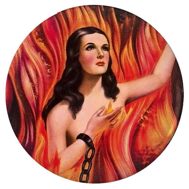 Anima Sola Pinback Buttons - 1.25in 2.25in 3in Mexican Lonely Soul Pin-High quality scratch and UV resistant mylar and metal pinback badge. 1.25, 2.25 or 3 inches. Ships in 3-5 business days from within the US. Anima Sola traditional chained tortured burning lonely soul woman in purgatory Mexican Catholic prayer card image. -3 inch Round Button-