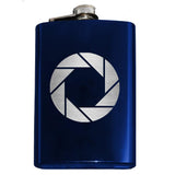 -Whether you're a photographer or are compelled to endless testing in the name of science, this camera aperture symbol flask is sure to please. Engraved 8oz Stainless Steel Pocket / Hip Flask, screw cap lid. Holds eight shots. Customizable by request. Optional flask or gift box with shot glasses.-Blue-Just the Flask-725185479396