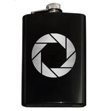 -Whether you're a photographer or are compelled to endless testing in the name of science, this camera aperture symbol flask is sure to please. Engraved 8oz Stainless Steel Pocket / Hip Flask, screw cap lid. Holds eight shots. Customizable by request. Optional flask or gift box with shot glasses.-Black-Just the Flask-725185479396