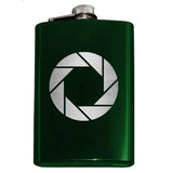 -Whether you're a photographer or are compelled to endless testing in the name of science, this camera aperture symbol flask is sure to please. Engraved 8oz Stainless Steel Pocket / Hip Flask, screw cap lid. Holds eight shots. Customizable by request. Optional flask or gift box with shot glasses.-Green-Just the Flask-725185479396