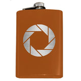 -Whether you're a photographer or are compelled to endless testing in the name of science, this camera aperture symbol flask is sure to please. Engraved 8oz Stainless Steel Pocket / Hip Flask, screw cap lid. Holds eight shots. Customizable by request. Optional flask or gift box with shot glasses.-Orange-Just the Flask-725185479396